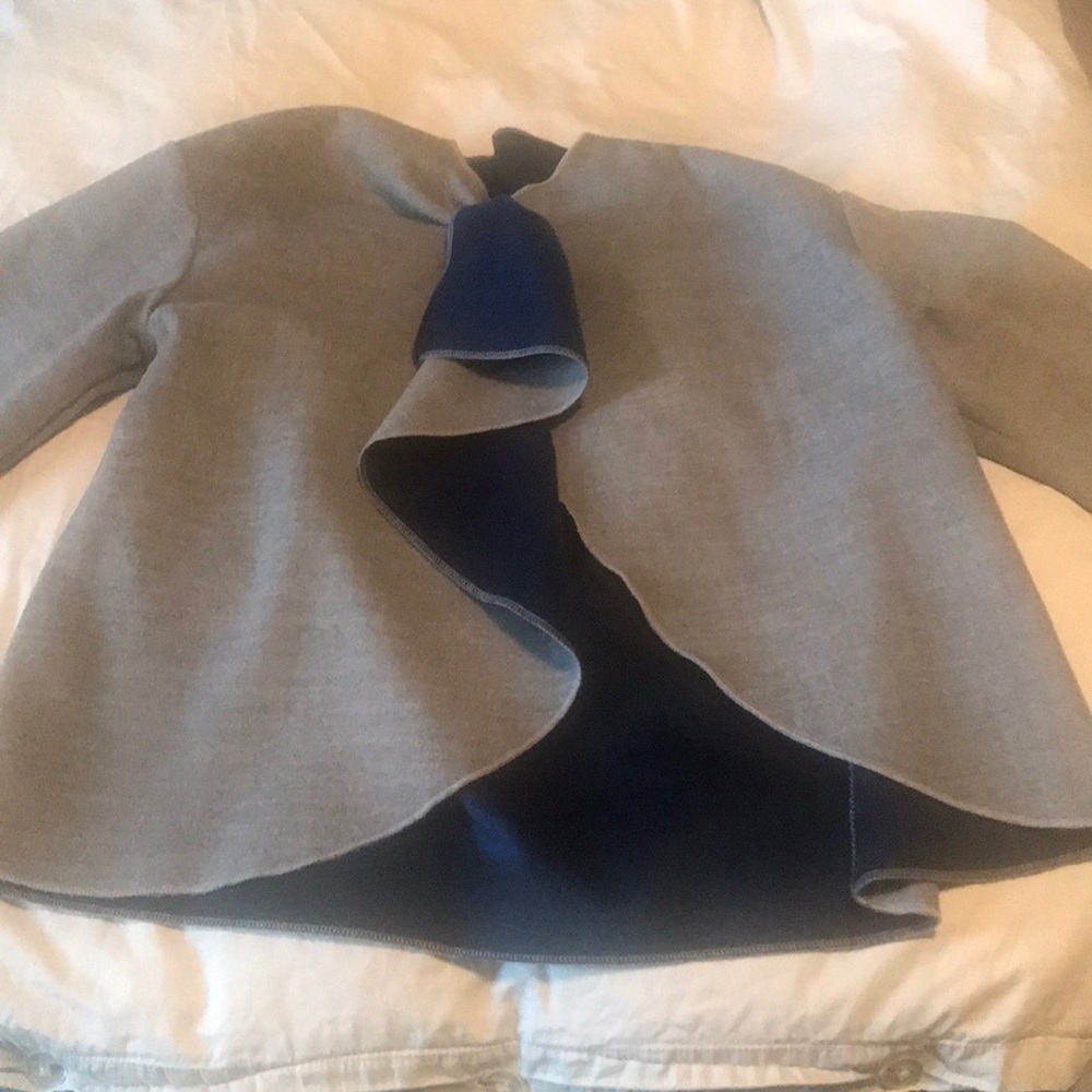 Gray Cropped Jacket with Cascade ruffle